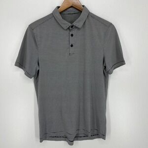 Lululemon Polo‎ Shirt Men's S Gray Striped Collared Logo Moisture Wicking
